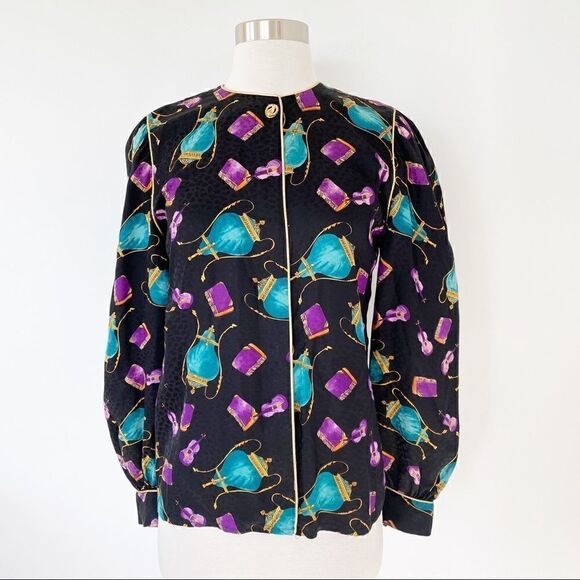 Vintage Ornate Printed Silk Cocktail Blouse Top Long Sleeve Novelty Women Size 2 - Picture 2 of 10